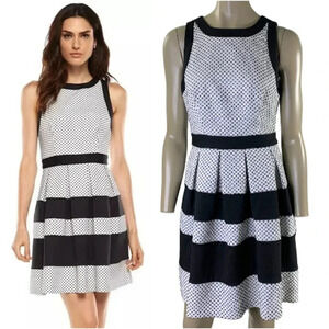 ELLE Striped Polka Dot Fit and Flare Mini Dress Size 6 Black and White Jacquard